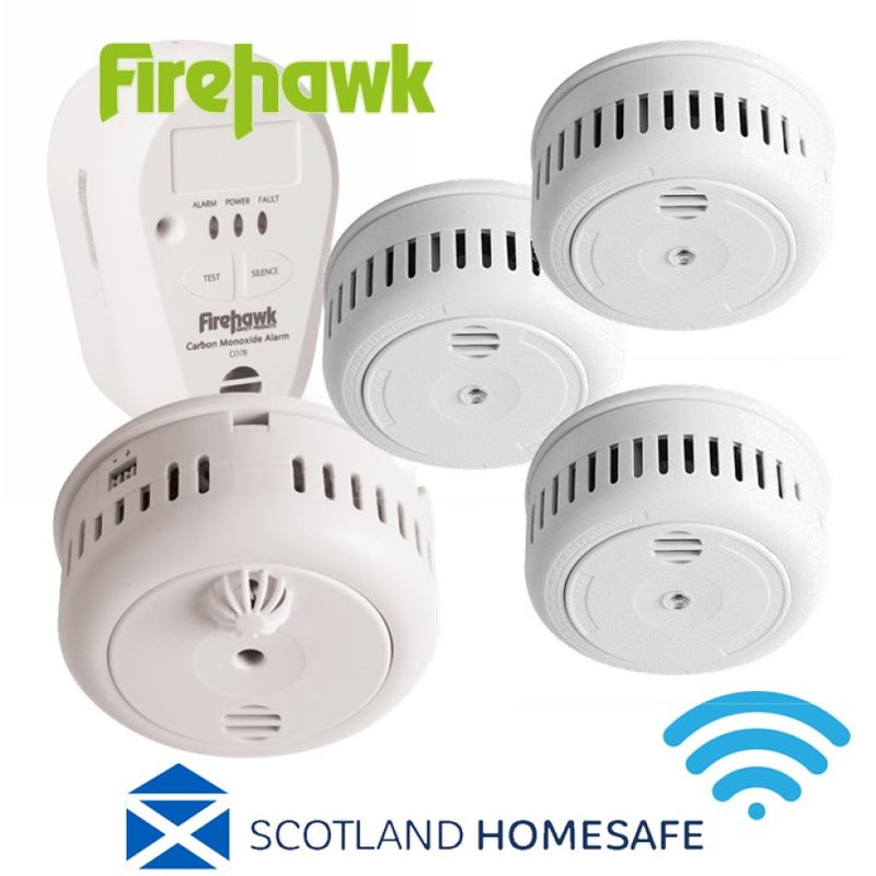Firehawk Scottish Complaint Kit including 3 x FHB10W Wireless Smoke Alarms, 1 x FHH10W Wireless Heat Alarm & 1 x CO7B-10W Wirelss Carbon Monoxide Alarm